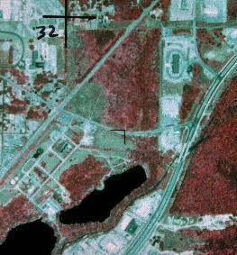 Aerial infrared photo of an area of Jefferson County, Alabama mapped as underlain by the Ketona Formation. Dark areas near bottom of photo are abandoned, water-filled quarries (photo of photo at Natural Resources Conservation Service office, Birmingham)