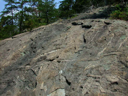 outcrop_with_many_dikes--'Little_Sugarloaf_Mountain'--Alexander_County_NC--2006-08-25.jpg (276425 bytes)