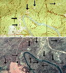 Corresponding portions of topographic map and infrared aerial photograph with many (but not all) glades visible on the latter indicated by white areas on the former.